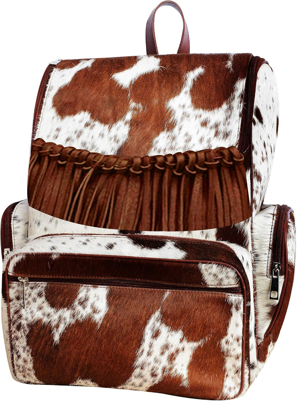 Cowhide Leather Diaper Bag – Handmade Hair-On Diaper Bags with Fringe | Artisan Cow Print Laptop Backpack for Women & Men | Western Style Travel Rucksack Knapsack