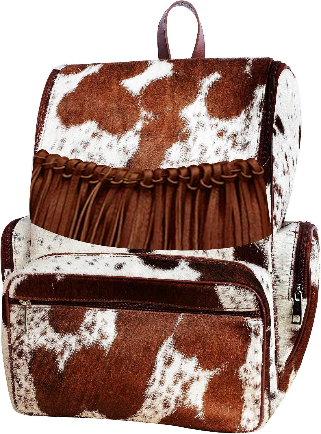 Cowhide Leather Diaper Bag – Handmade Hair-On Diaper Bags with Fringe | Artisan Cow Print Laptop Backpack for Women & Men | Western Style Travel Rucksack Knapsack