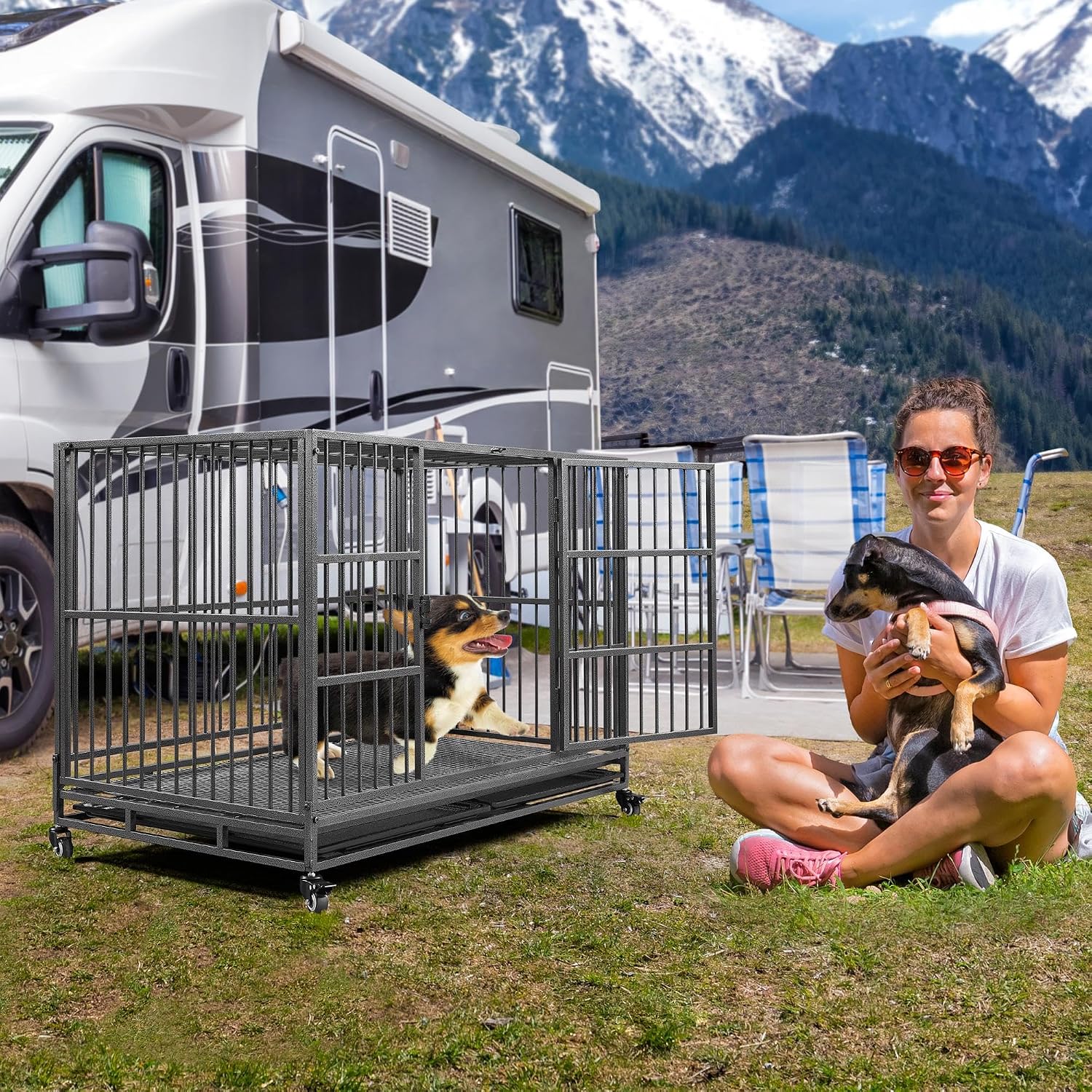 Yaheetech 48'' Dog Crate Extra Large Pet Crate XXL Indestructible Dog Crate W/2 Doors/Lockable Wheels/Removeable Trays for Indoor/Outdoor