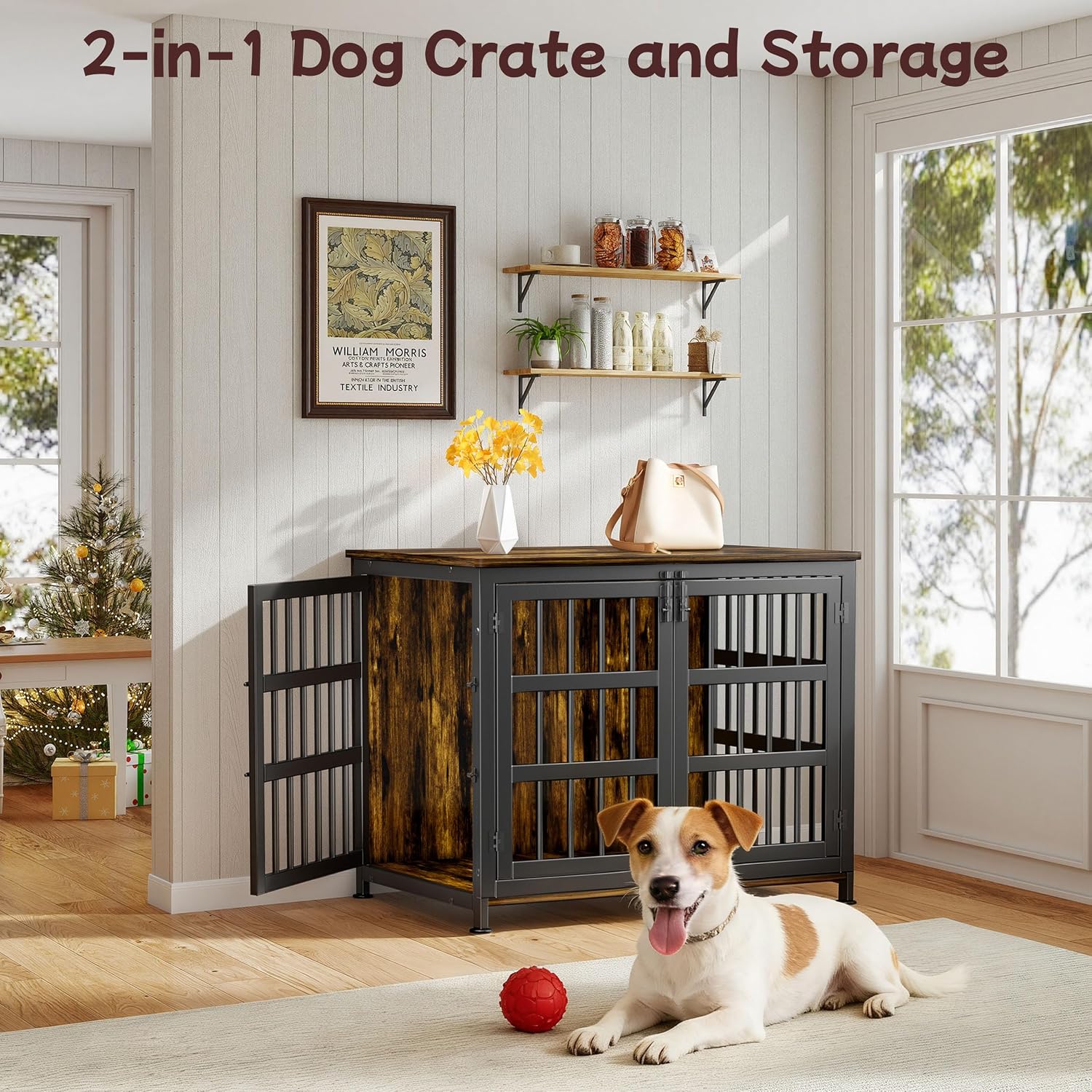 33'' Dog Crate Furniture Large Breed Dog Crate Dog Kennels for Inside Wooden Dog Crates End Table Heavy Duty Indoor Combination Cage for Medium to Large Dogs Walnut