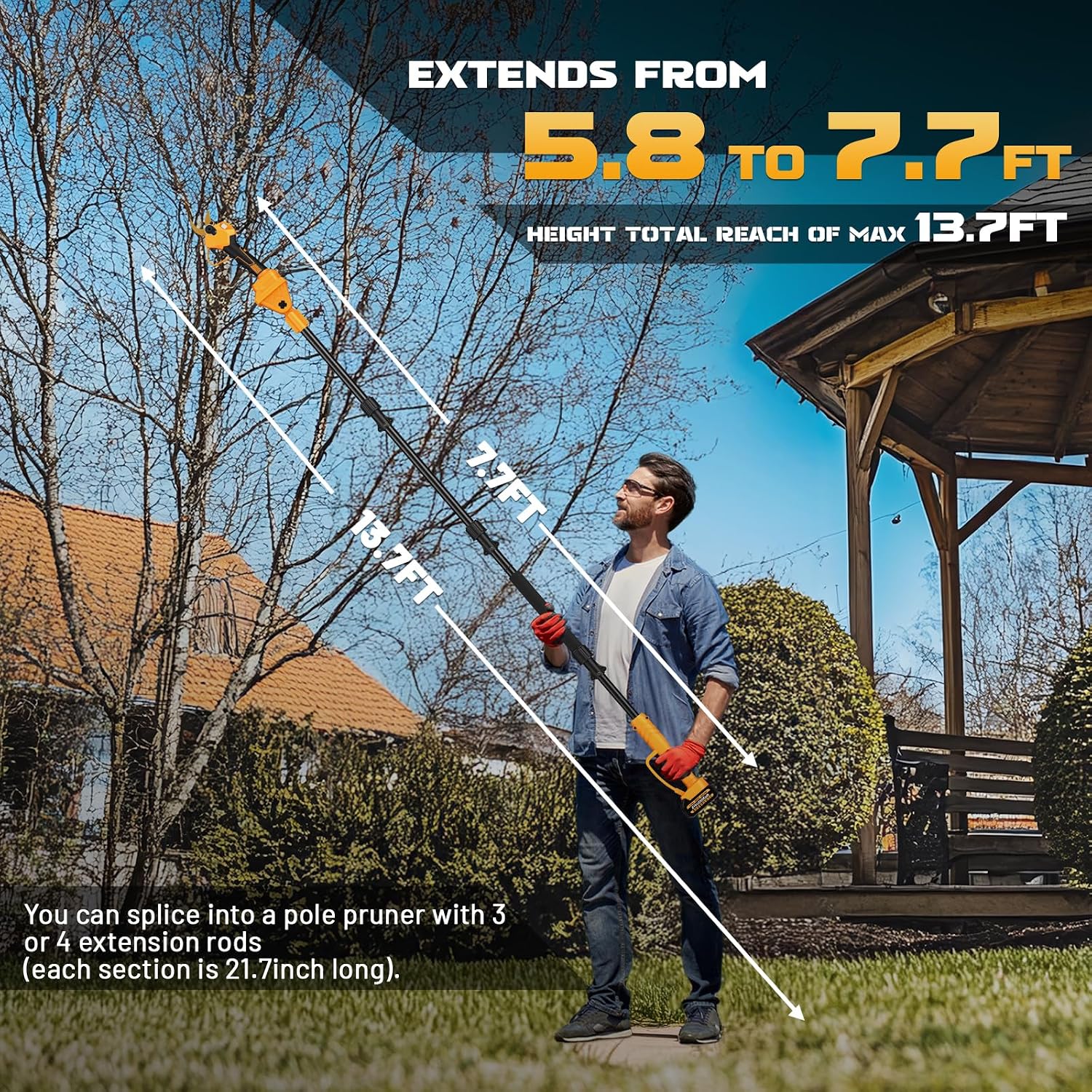 Takuoo 2-in-1 Pole Pruning Shears Cordless, 1.6' Cutting Diameter Electric Pruning Shears with Extension Pole, 21V 2×4.0Ah Battery Powered Pruner, 13.7FT Reach Power Pole Pruner for Tree Trimming