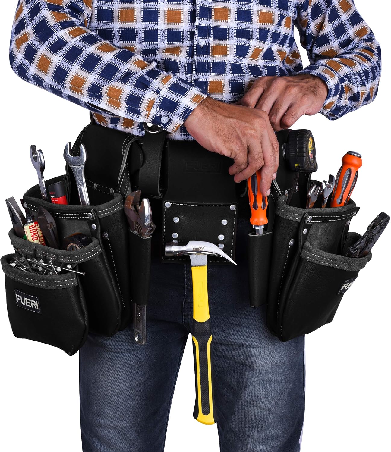 FUERI Full Grain Leather tool belts for men, Heavy-duty Carpenter Tool Rig organizer with 17 Pockets pouches, hammer holder, 4-Suspender loops, and a foam-padded belt for Framers, and Electricians