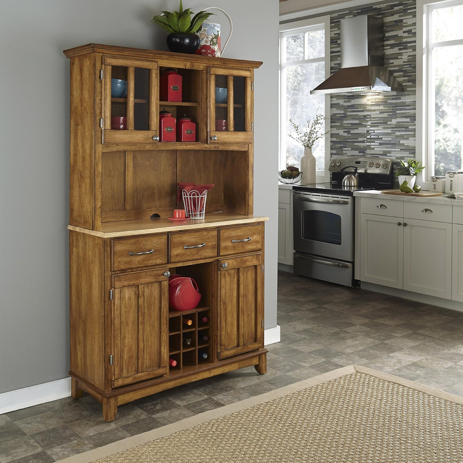 Home Styles Buffet of Buffets Cottage Oak Server with Natural Wood Top, Three Utility Drawers, Two Door Hutch, Removable Wine Rack, and Brushed Steel Hardware