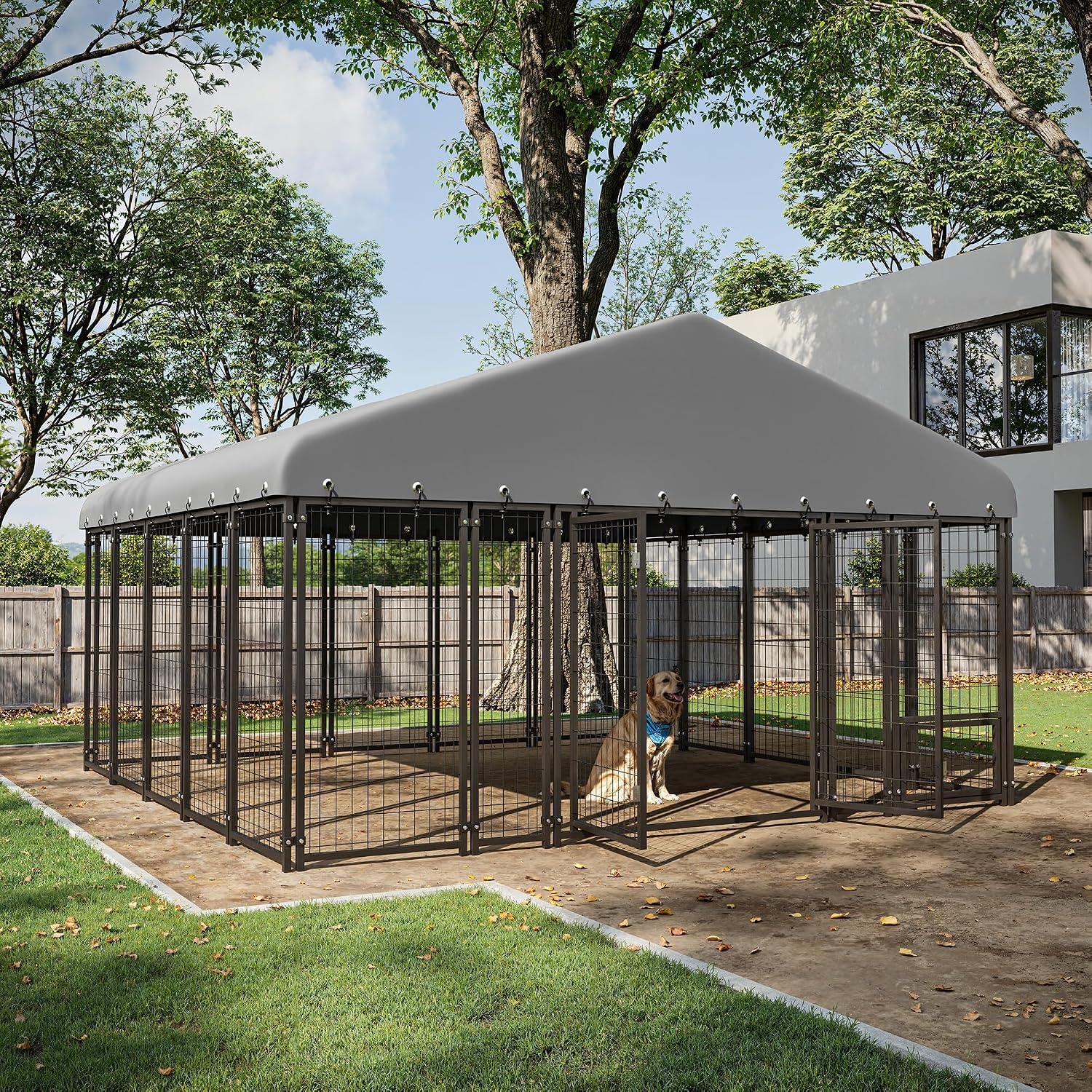 10X10FT Large Dog Kennel Outdoor Dog Enclosure Outside, Double Door Heavy Duty Galvanized Steel Dog Crate Durable Dog Cage with Roof & Double Lock