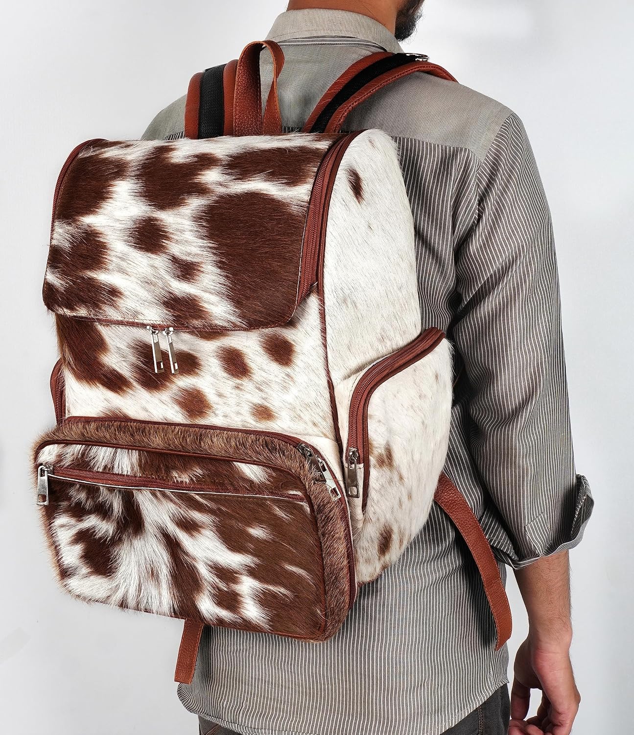 Leather Backpack For Adult Rucksack/Knapsack Bag Casual Brown & White Shoulder Cowhide Travel Diaper Bag