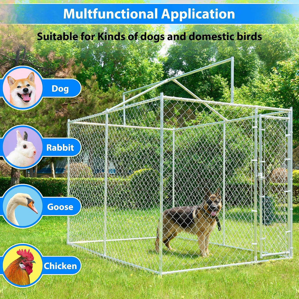 10x6x7.7ft Large Dog Kennel Outdoor, Heavy-Duty Outside Dog Kennel with Roof, Security Latch-Lock Door, Chain-Link Dog Enclosure Dog Run for Yard with Cover