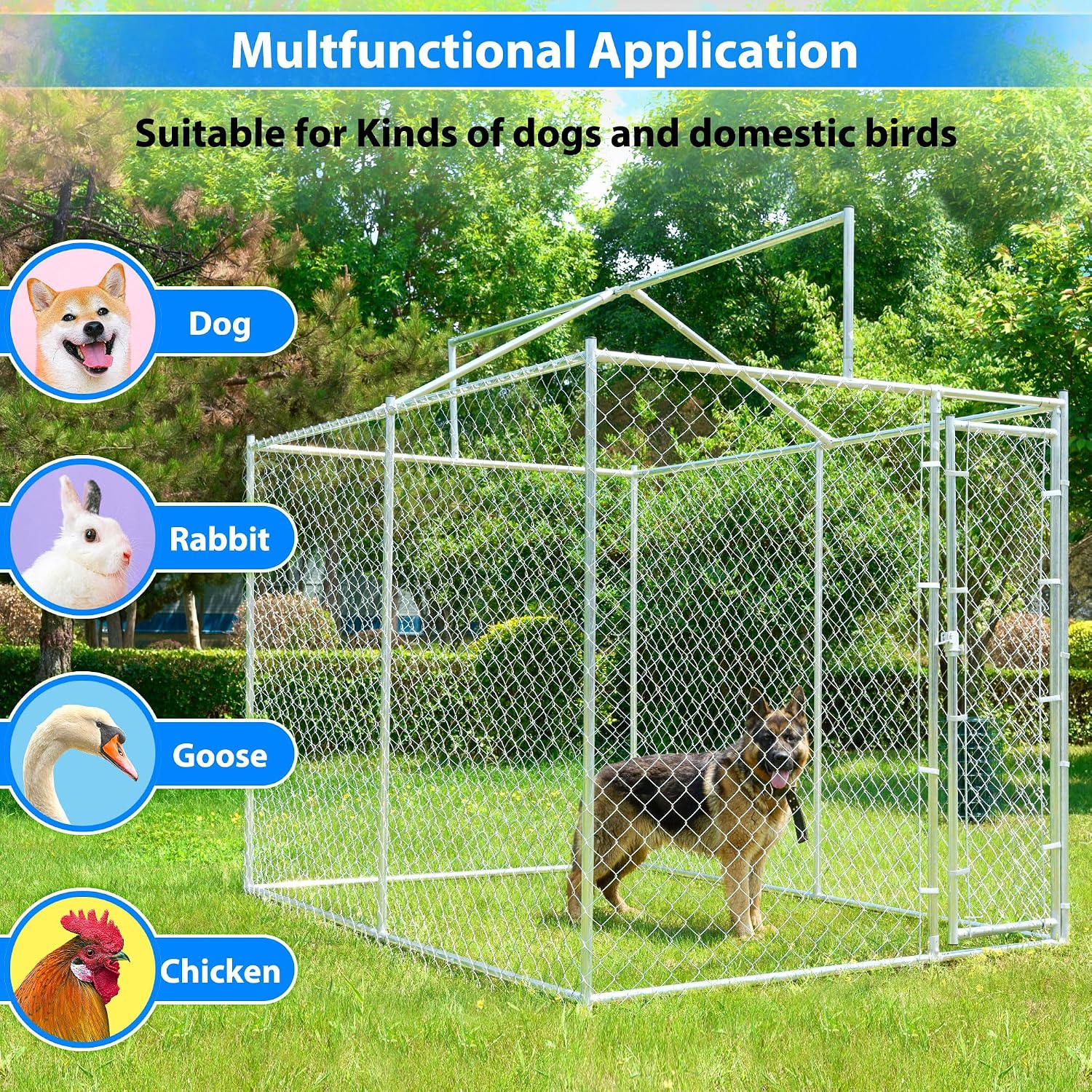 10x6x7.7ft Large Dog Kennel Outdoor, Heavy-Duty Outside Dog Kennel with Roof, Security Latch-Lock Door, Chain-Link Dog Enclosure Dog Run for Yard with Cover