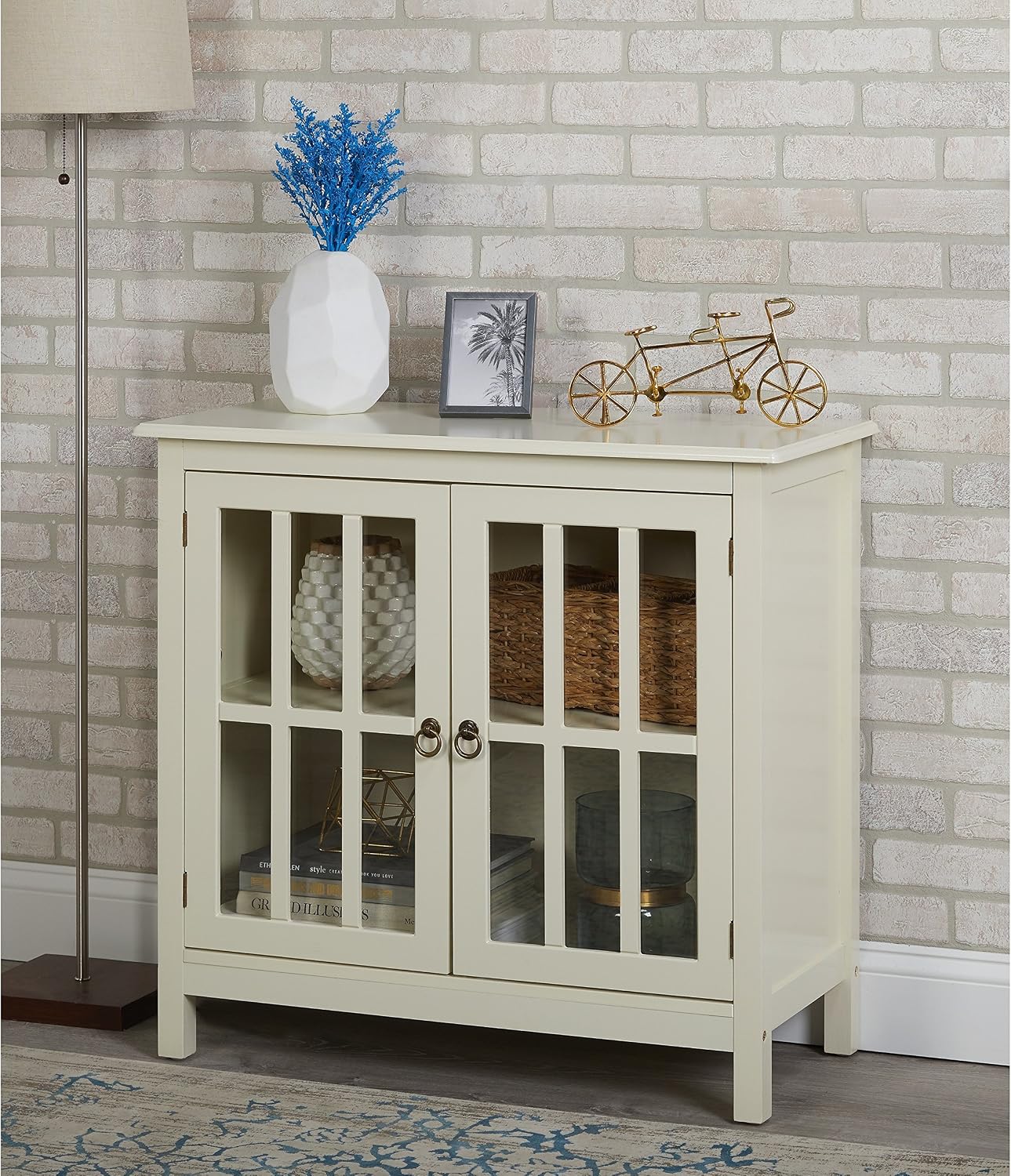 Contemporary Portland Glass Two-Door Cabinet MDF, Metal, Wood Material Painted Finish (Antique White)