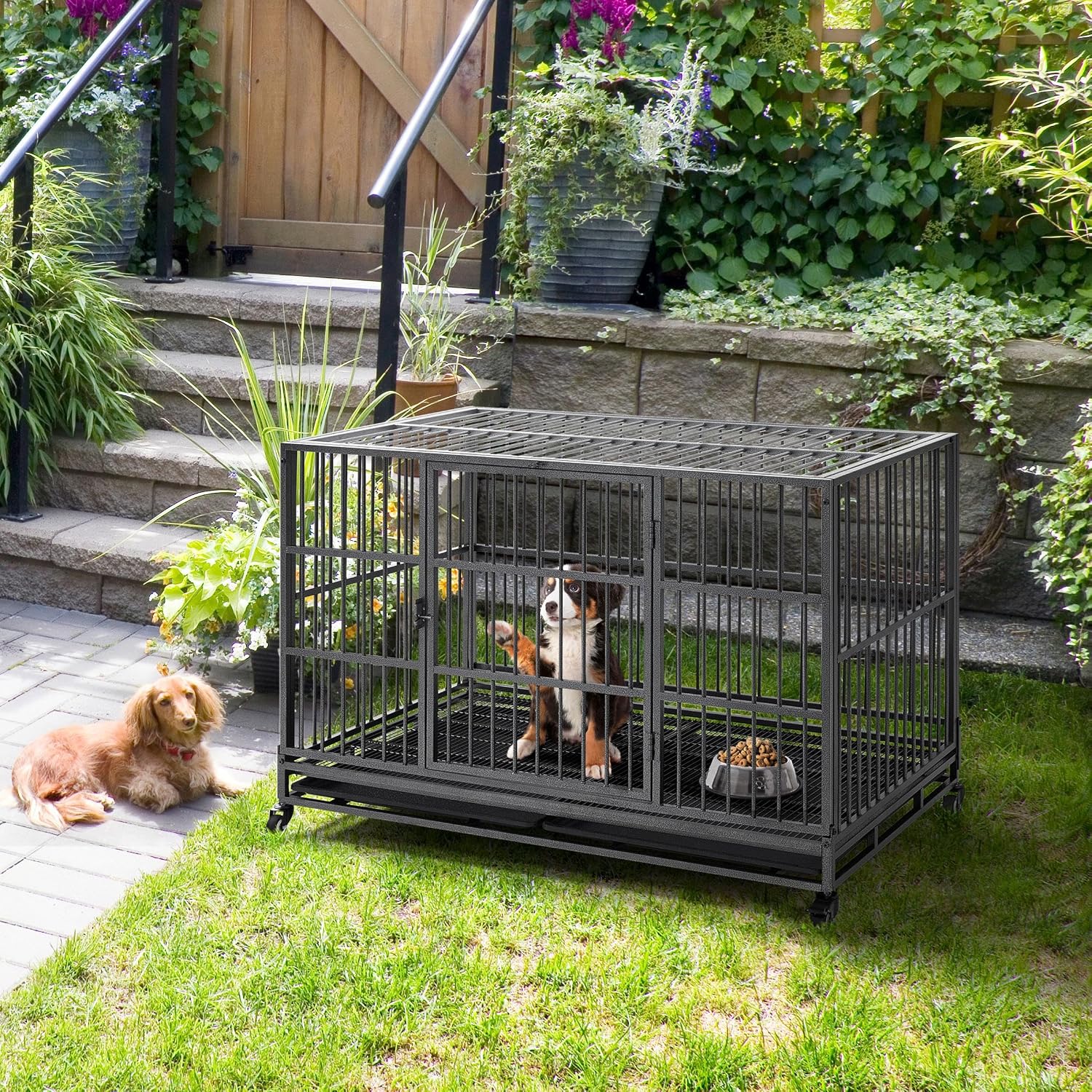 Yaheetech 48'' Dog Crate Extra Large Pet Crate XXL Indestructible Dog Crate W/2 Doors/Lockable Wheels/Removeable Trays for Indoor/Outdoor